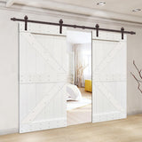 Distressed K Series 36 in. x 84 in. White Stained Solid Pine Wood Double Interior Sliding Barn Door with Hardware Kit - Super Arbor