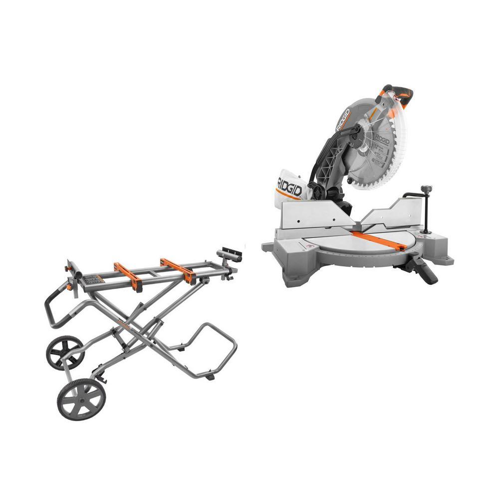 15 Amp Corded 12 in. Dual Bevel Miter Saw with LED with Universal Mobile Miter Saw Stand with Mounting Braces - Super Arbor