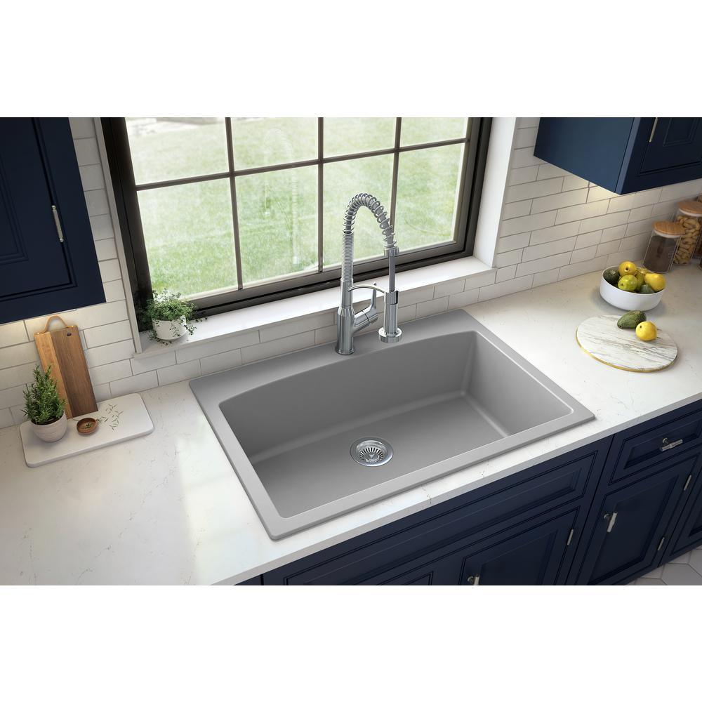 Drop-In Quartz Composite 33 in. 1-Hole Single Bowl Kitchen Sink in Black - Super Arbor