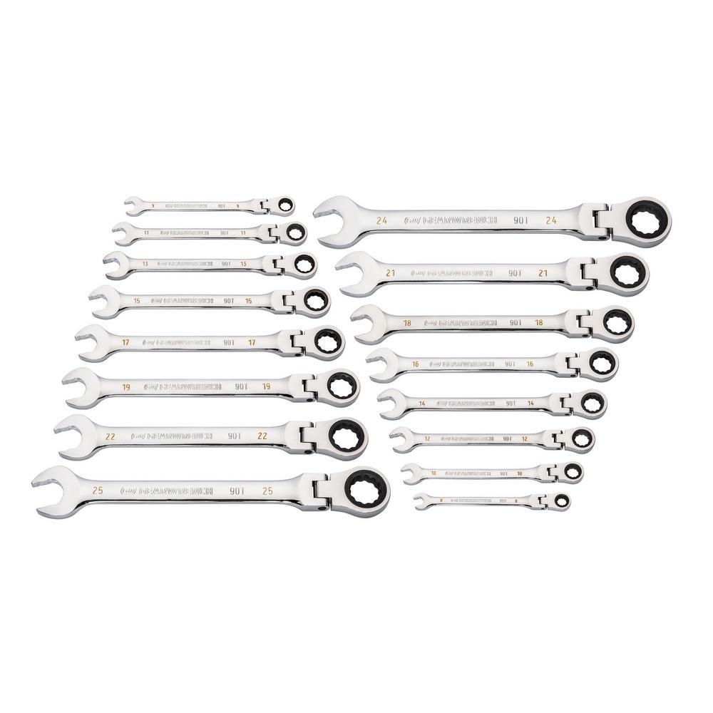 90-Tooth 12-Point Flex Head Ratcheting Combination Metric Wrench Set (16-Piece) - Super Arbor