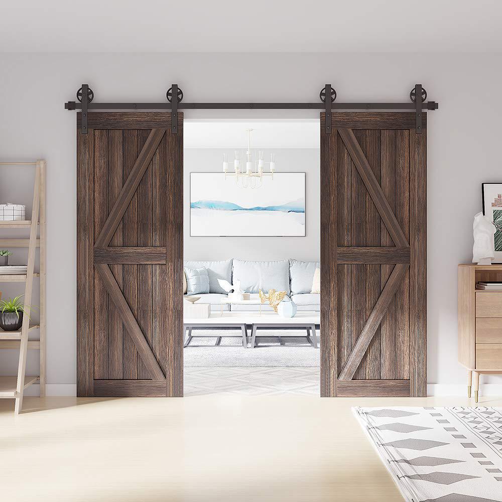 10 ft. /120 in. Frosted Black Sliding Barn Door Track and Hardware Kit for Double Doors with Non-Routed Floor Guide - Super Arbor