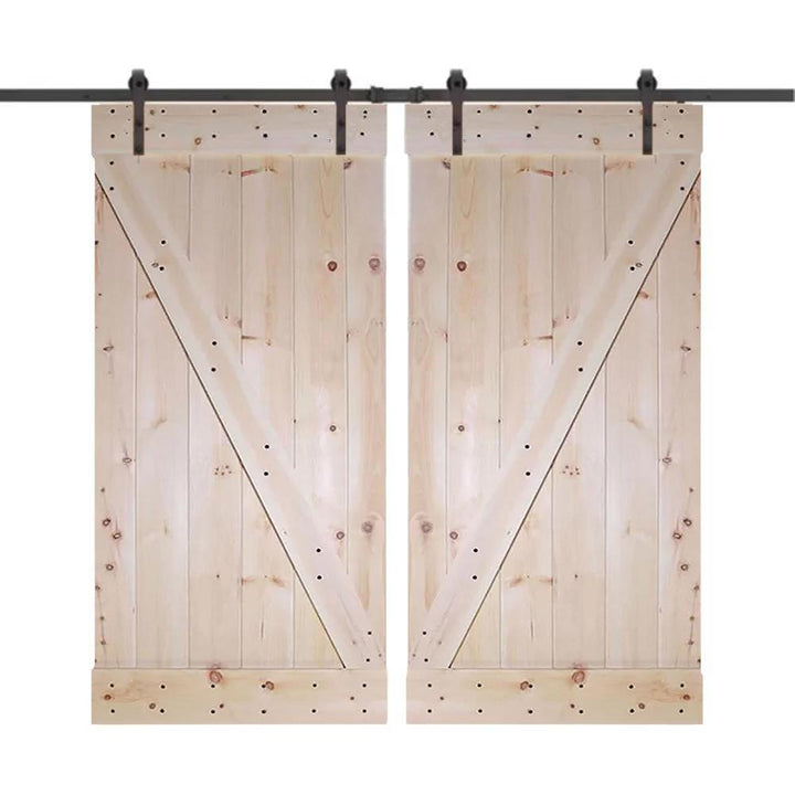 60 in. x 84 in. Unfinished Knotty Pine Wood Double Sliding Barn Door with Classic Bent Strap Black Hardware Kit - Super Arbor
