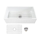 Farmhouse Apron Front Fireclay 33 in. Fluted Single Bowl Kitchen Sink in White with Grid and Strainer
