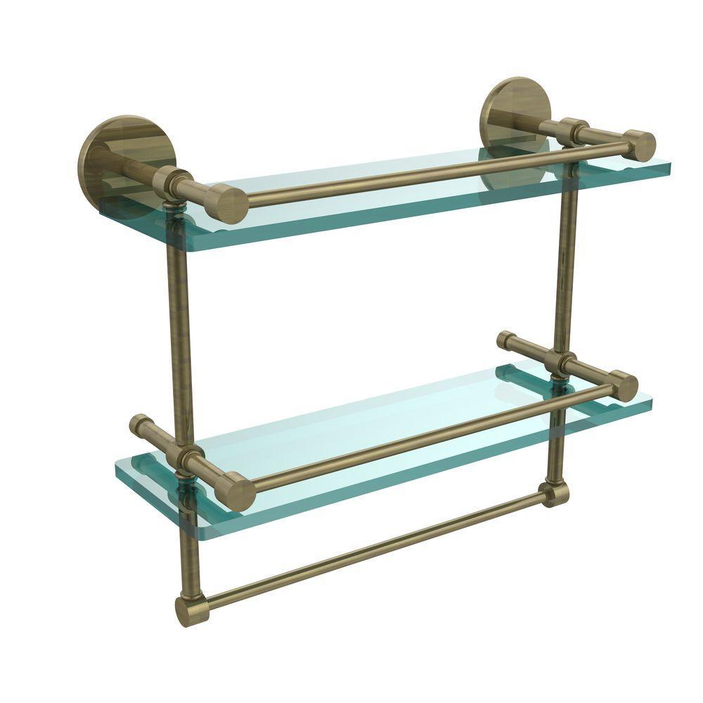 16 in. L  x 12 in. H  x 5 in. W 2-Tier Gallery Clear Glass Bathroom Shelf with Towel Bar in Matte Black - Super Arbor
