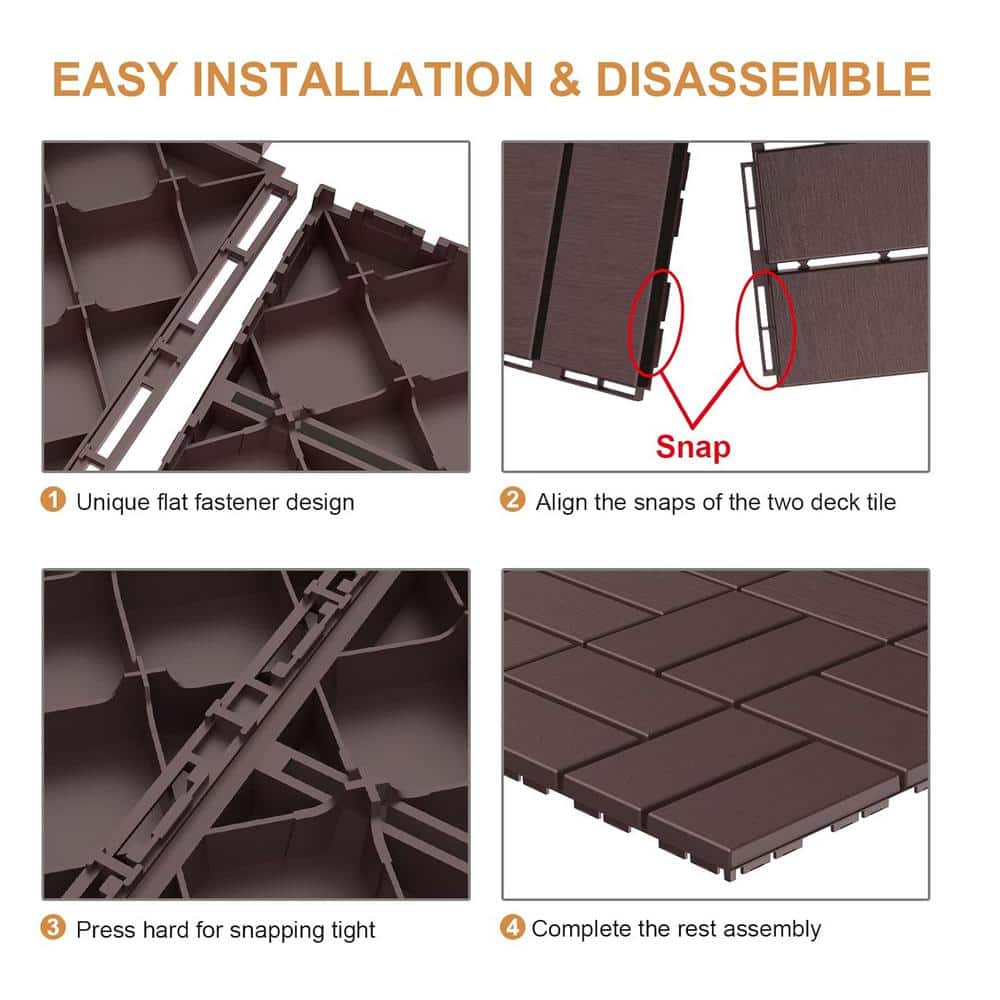 Afoxsos 12 ft. x 12 ft. Plastic Interlocking Deck Tiles Waterproof in Dark Brown (9 Per Pack)