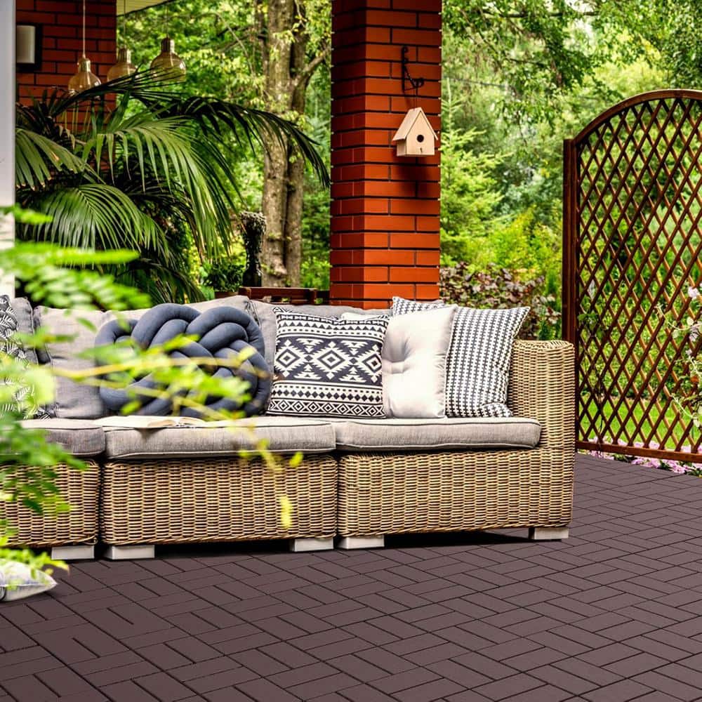 Afoxsos 12 ft. x 12 ft. Plastic Interlocking Deck Tiles Waterproof in Dark Brown (9 Per Pack)