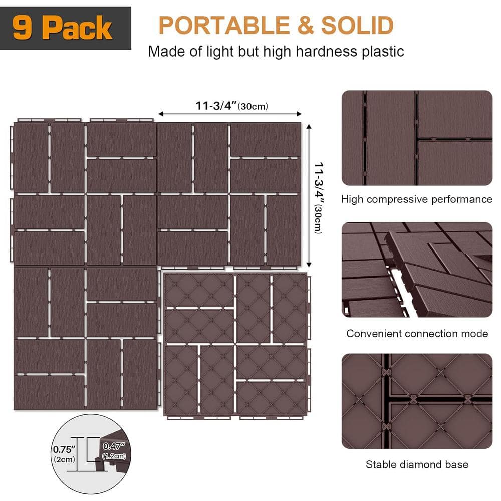 Afoxsos 12 ft. x 12 ft. Plastic Interlocking Deck Tiles Waterproof in Dark Brown (9 Per Pack)