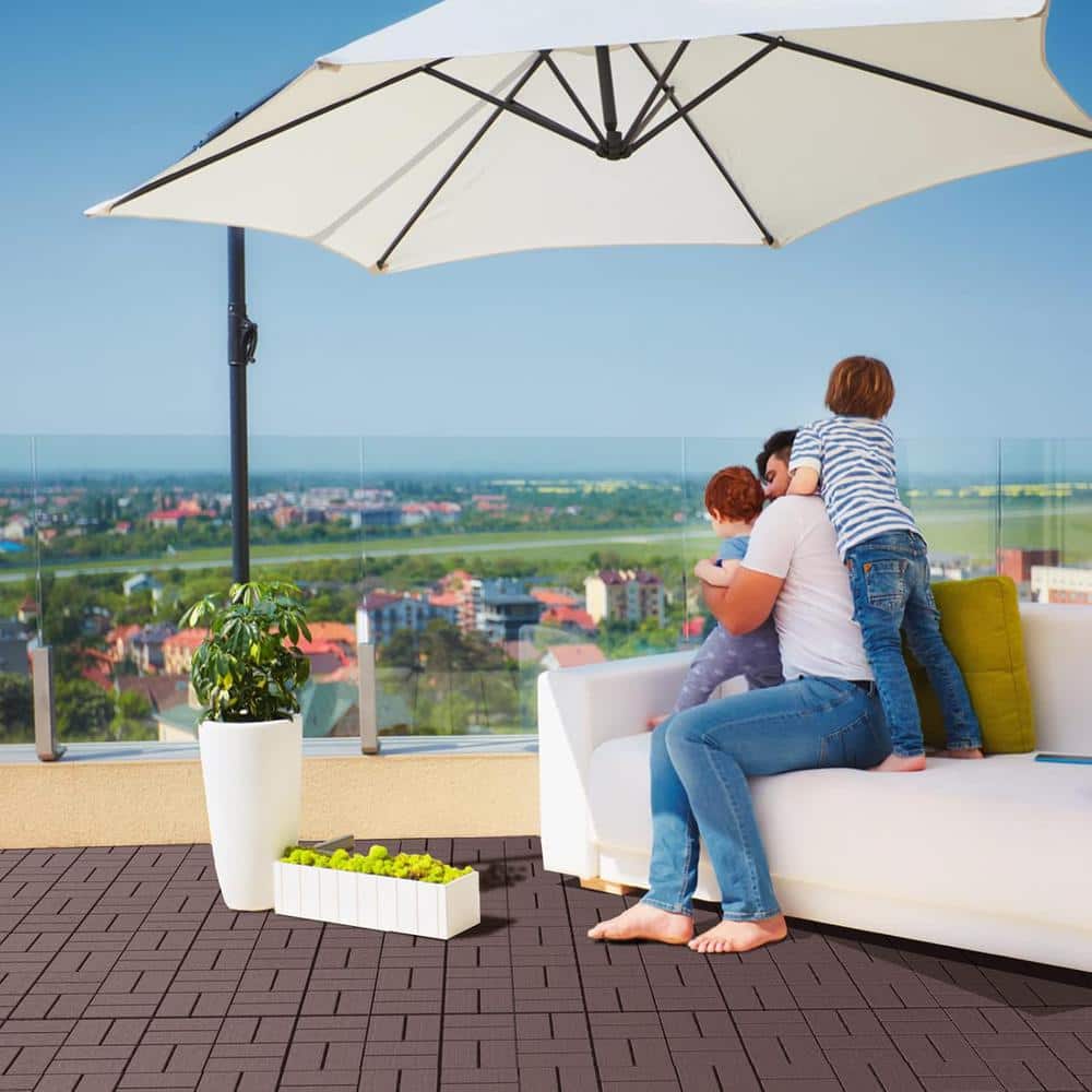 Afoxsos 12 ft. x 12 ft. Plastic Interlocking Deck Tiles Waterproof in Dark Brown (9 Per Pack)