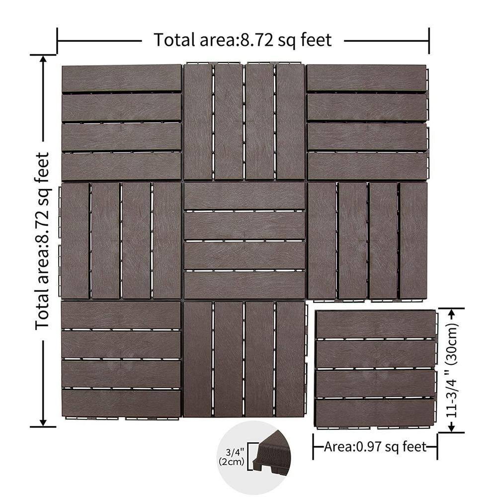 1 ft. x 1 ft. Plastic Composite Deck Tile Patio Interlocking Deck Tiles for Balcony Porch Backyard in Brown (Pack of 9)