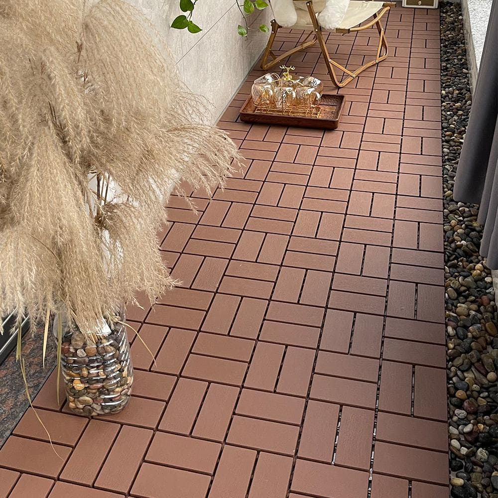 1 ft. x 1 ft. Patio Plastic Interlocking Square Waterproof Deck Tile in Dark Brown (44-Pack) for Poolside Backyard