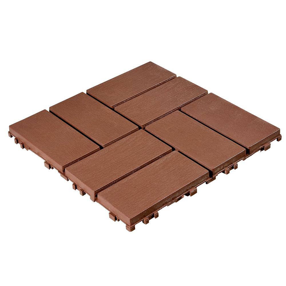 1 ft. x 1 ft. Patio Plastic Interlocking Square Waterproof Deck Tile in Dark Brown (44-Pack) for Poolside Backyard