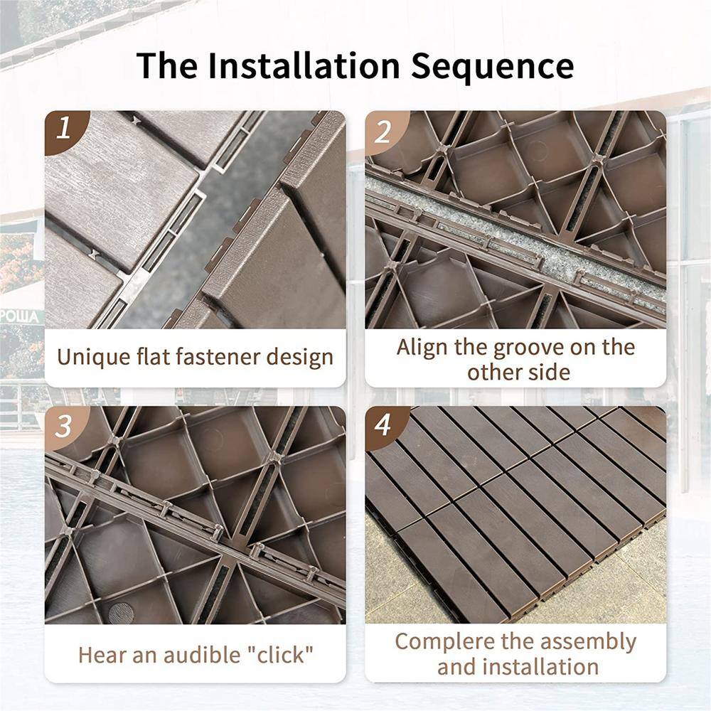 12 in. x 12 in. Square Plastic Deck Tile in Dark Brown, Waterproof, All Weather Use (27 Per Case)