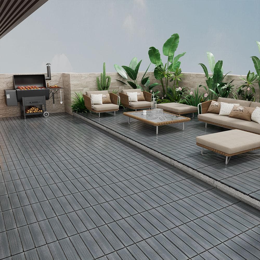 Afoxsos 1 ft. x 1 ft. Dark Gray Plastic Composite Interlocking Deck Tiles Set, All-Weather Resistant, Easy to DIY (11-Pack)