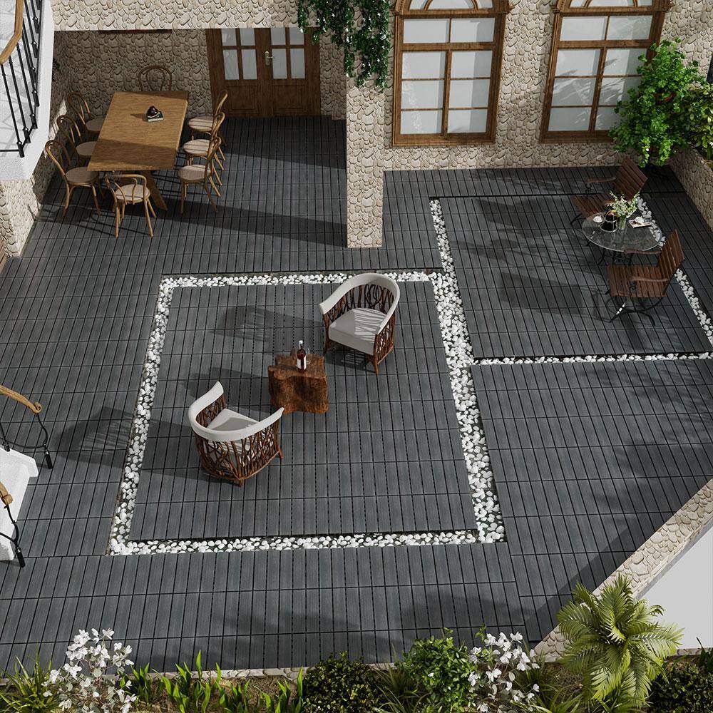 Afoxsos 1 ft. x 1 ft. Dark Gray Plastic Composite Interlocking Deck Tiles Set, All-Weather Resistant, Easy to DIY (11-Pack)