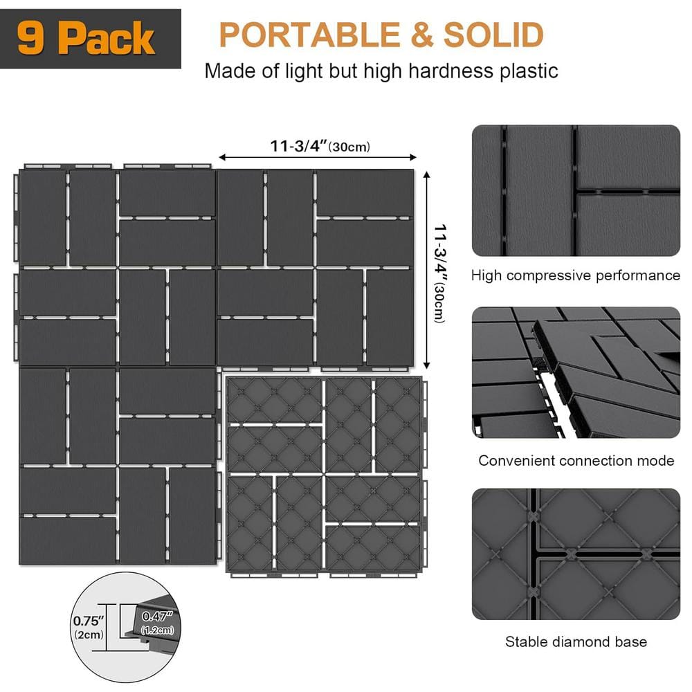 Afoxsos 12 ft. x 12 ft. Plastic Interlocking Deck Tiles Waterproof in Dark Gray (9 Per Pack)