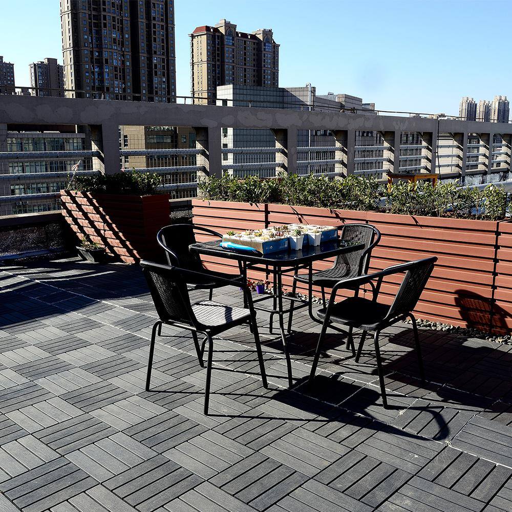 1 ft. x 1 ft. Patio Plastic Interlocking Square Waterproof Deck Tile in Dark Gray for Poolside Backyard (44-Pack)