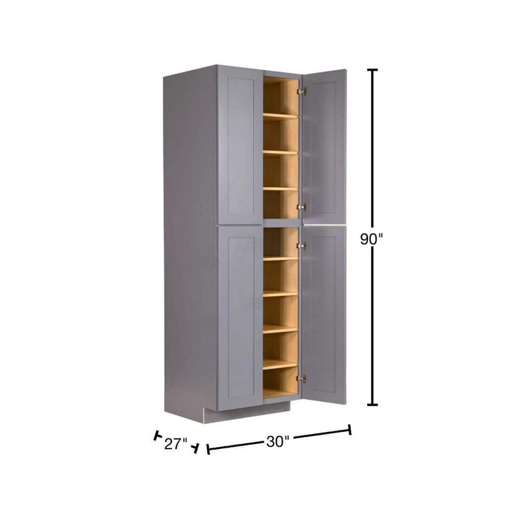 LIFEART CABINETRY Lancaster Gray Plywood Shaker Stock Assembled Tall Pantry Kitchen Cabinet 30 in. W x 90 in. H x 27 in. D