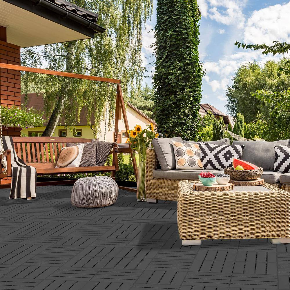Angel Sar 1 ft. x 1 ft. Plastic Interlocking Deck Tiles in Dark Grey (27 Per Case)