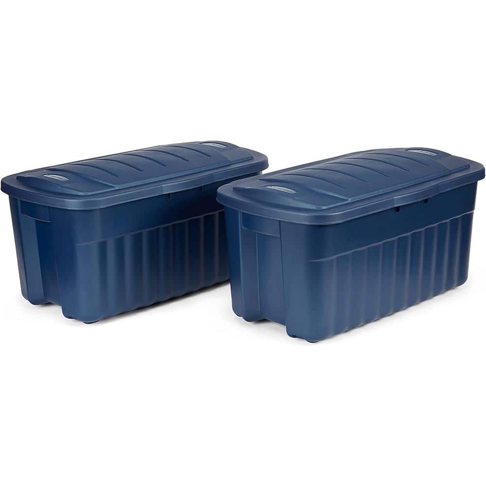 Rubbermaid Roughneck️ 40 Gal. Storage Totes with Hinged Lids, Dar Indigo Metallic, Pack of 2