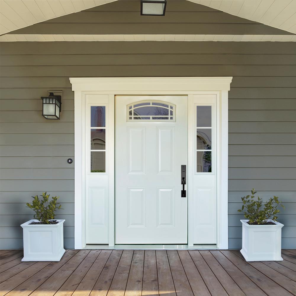 68 in. x 80 in. Camber Top White Left-Hand 14 in. 3-Lite Sidelites Primed Steel Prehung Front Door with 4-9/16 in. Frame - Super Arbor