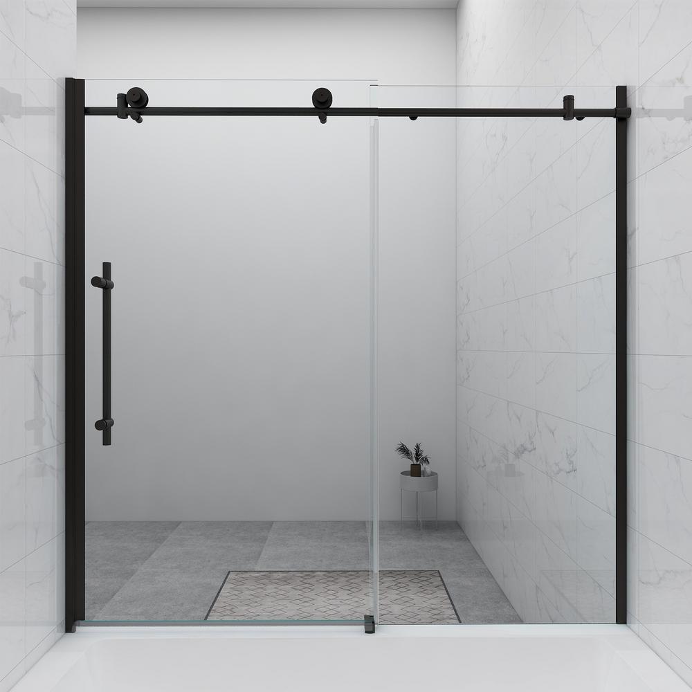 60 in. W x 59 in. H Sliding Frameless Bathtub Door in Matte Black with Clear Glass and Handle - Super Arbor