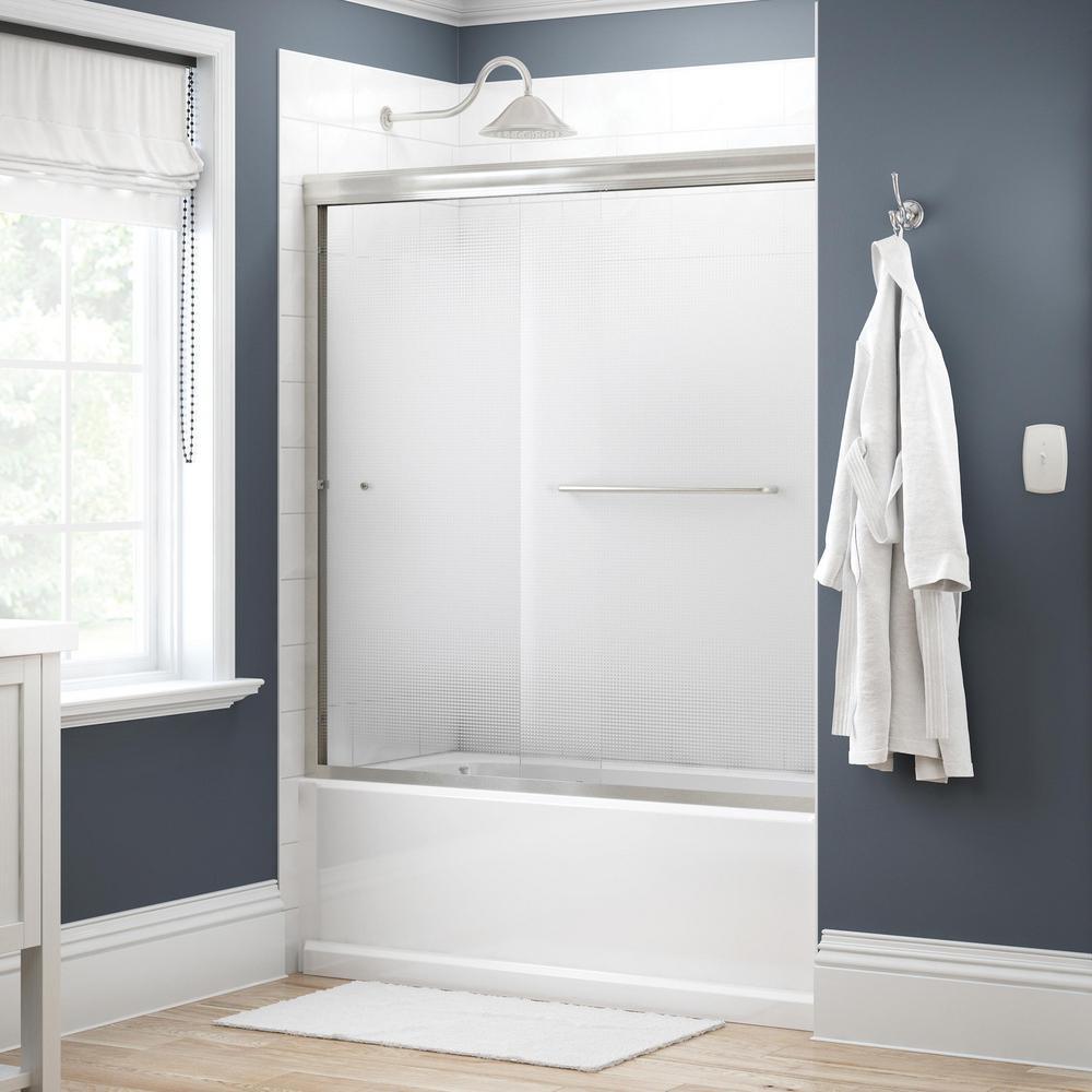 Simplicity 60 in. x 58-1/8 in. Semi-Frameless Traditional Sliding Bathtub Door in Nickel with Rain Glass - Super Arbor