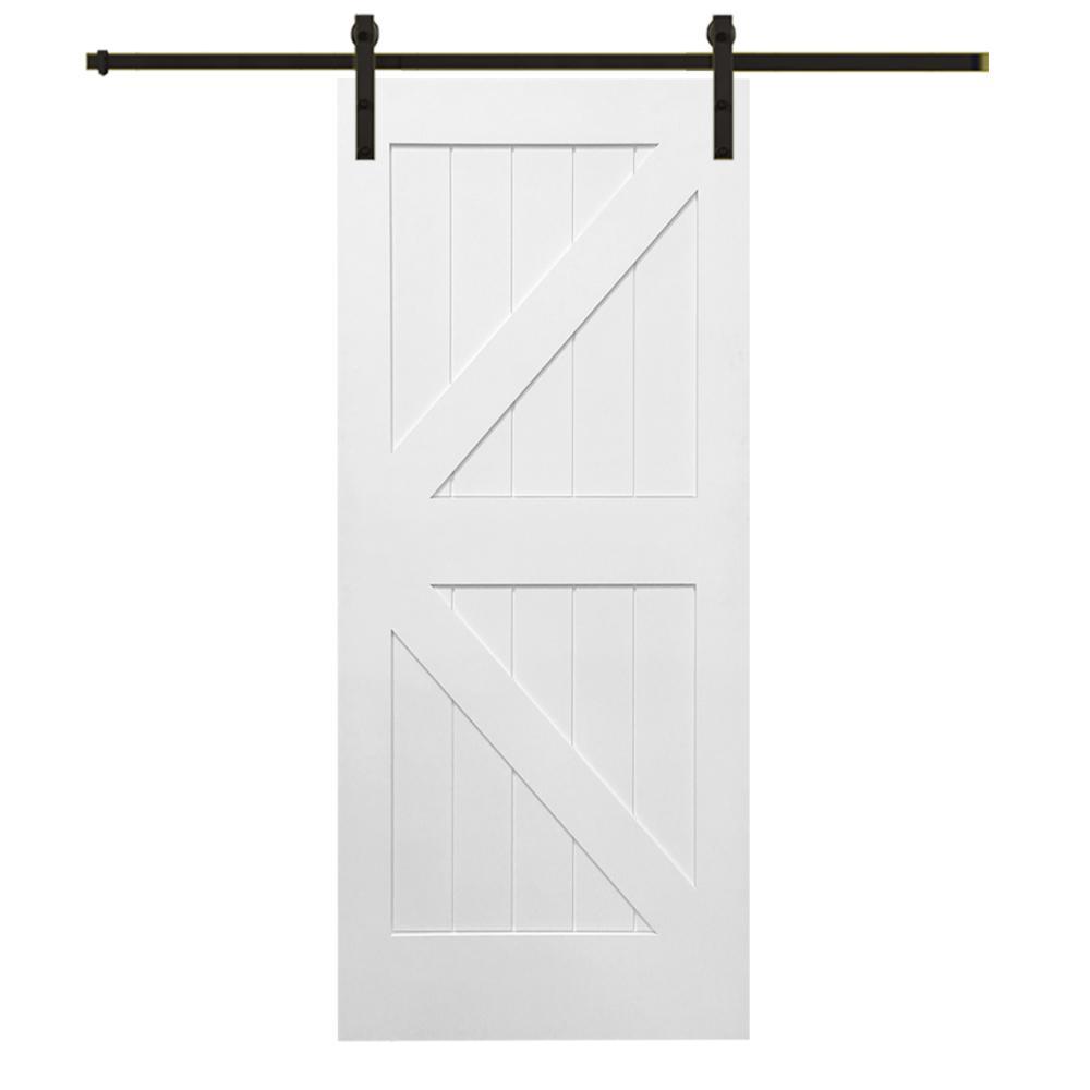 36 in. x 84 in. Primed Composite K-Plank Barn Door with Matte Black Hardware Kit - Super Arbor