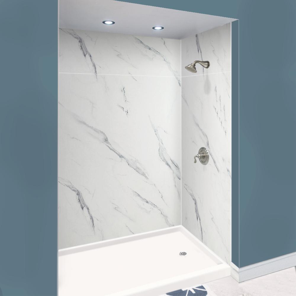 Expressions 48 in. x 48 in. x 96 in. 4-Piece Easy Up Adhesive Alcove Shower Wall Surround in Bianca - Super Arbor