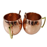 Solid Round Pair of 100% Copper Moscow Mule Mug Cups with Straws 17 oz Hammered Handcrafted 5
