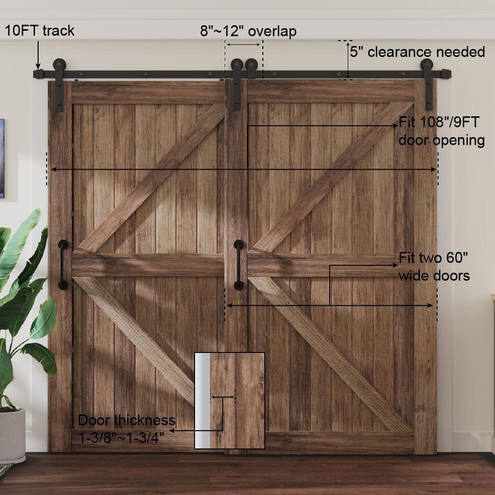 10 ft./120 in. Single Track Bypass Sliding Barn Door Hardware Kit for Double Doors Low Ceiling - Super Arbor