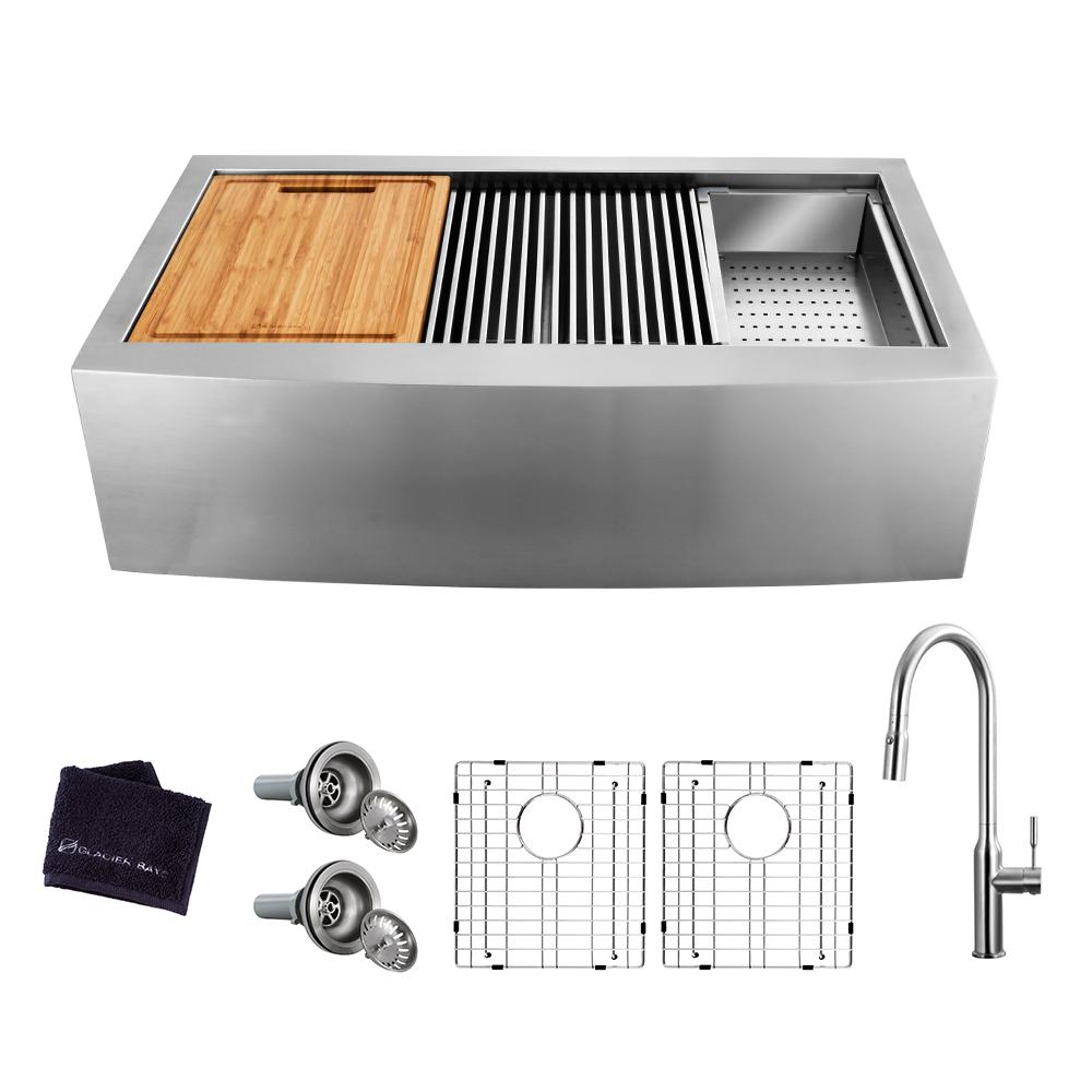 All-in-One Farmhouse Apron-Front Stainless Steel 36 in. 50/50 Double Bowl Workstation Sink with Faucet and Accessories