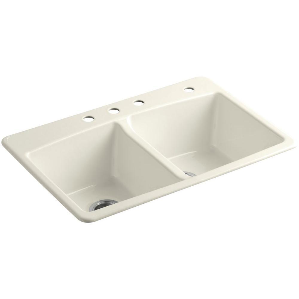 Brookfield Drop-In Cast Iron 33 in. 4-Hole Double Bowl Kitchen Sink in White - Super Arbor