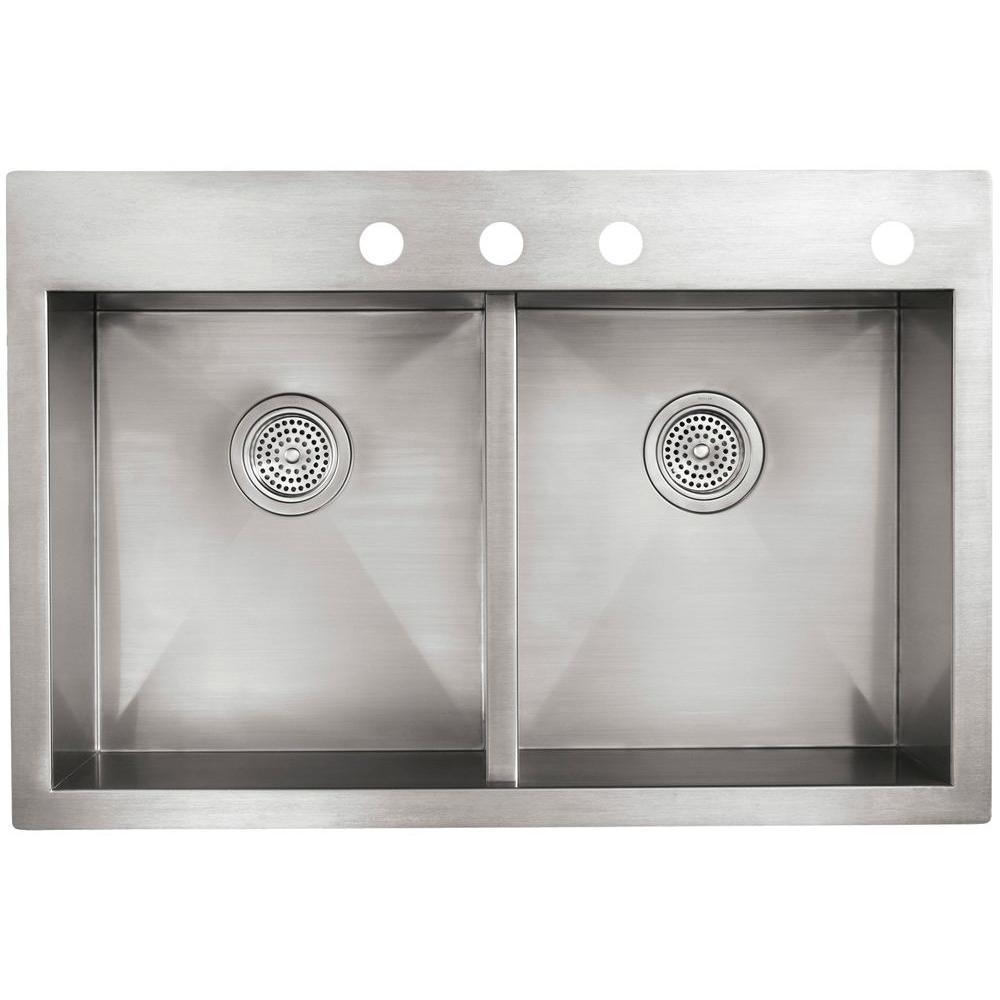 Vault Dual Mount Stainless Steel 33 in. 4-Hole Double Bowl Kitchen Sink with Basin Rack - Super Arbor