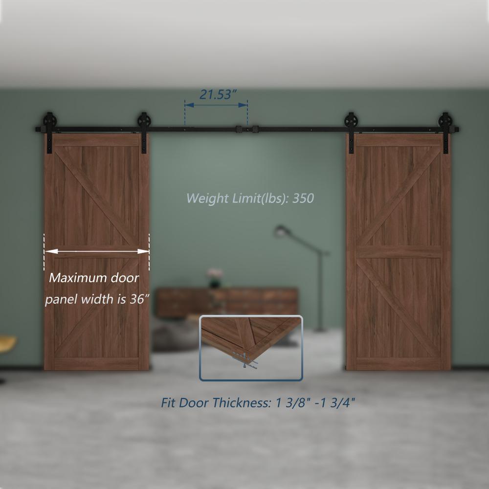 12 ft./144 in. Black Steel Sliding Barn Door Track and Hardware Kit for Double Doors with Floor Guide Bigwheel J Shape) - Super Arbor
