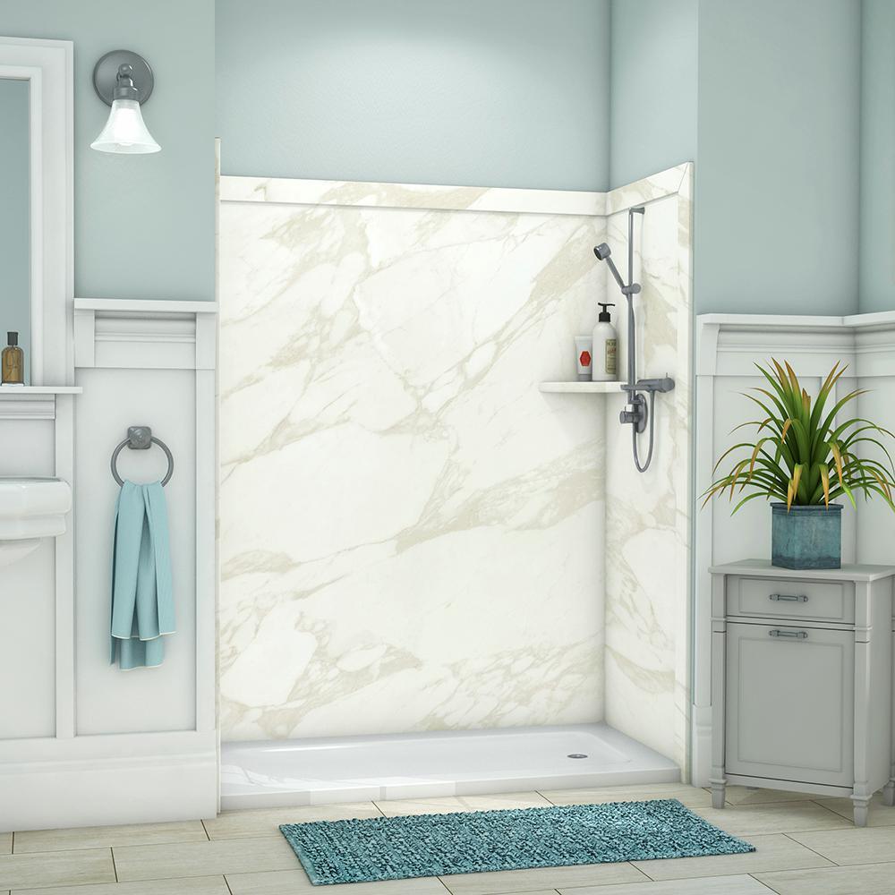 Royale 36 in. x 60 in. x 80 in. 11-Piece Easy Up Adhesive Alcove Bathtub/Shower Wall Surround in Calacatta White - Super Arbor