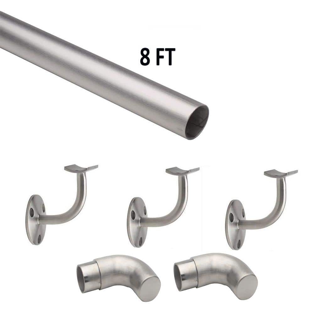 8 ft. Brushed Satin Solid Stainless Steel Round Hand Rail Kit