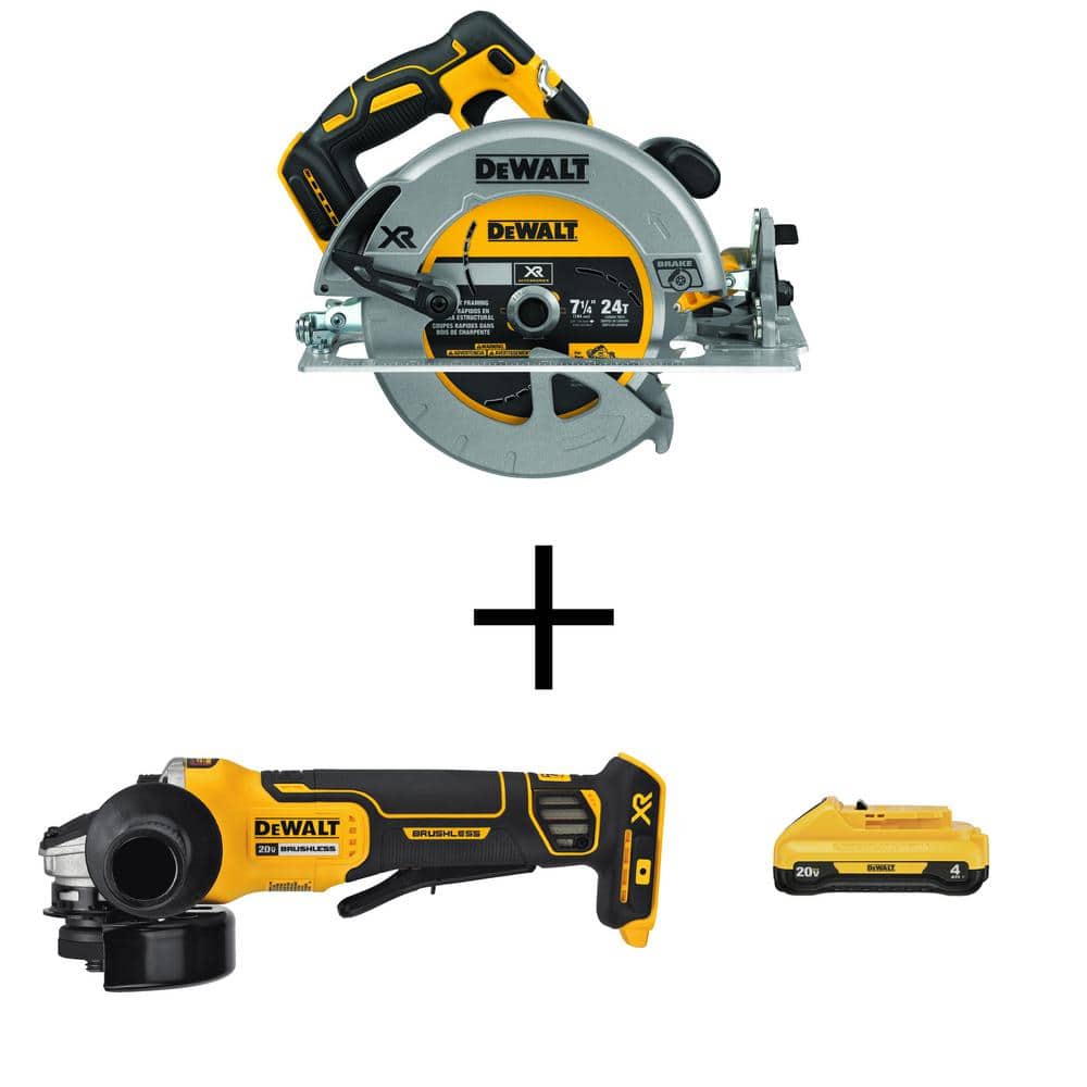 DEWALT 20V MAX XR 7-1/4 in. Brushless Cordless Circular Saw (Tool-Only) + 20V 4-1/2 in. Brushless Angle Grinder (Tool-Only) with 20V 4.0Ah Battery