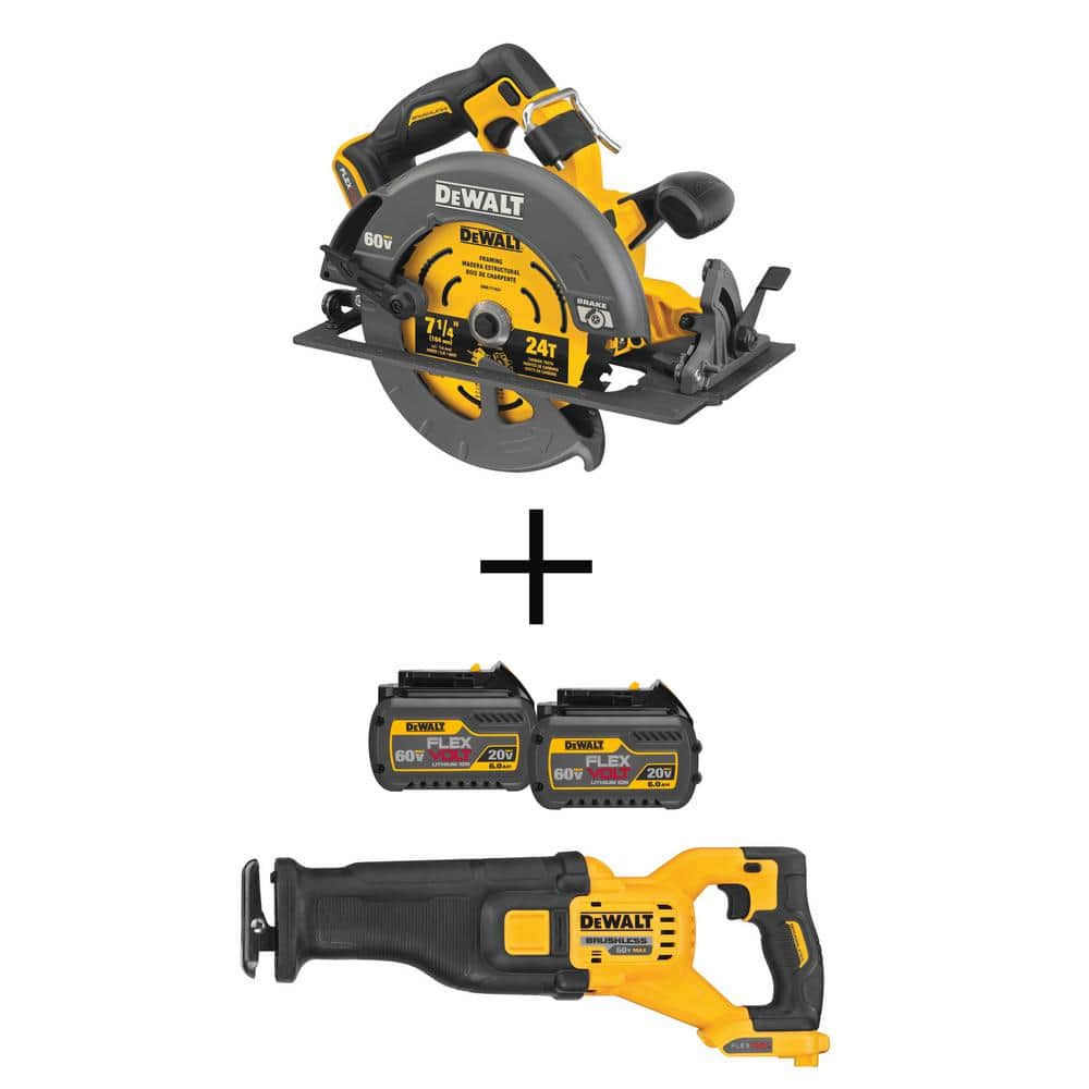 DEWALT FLEXVOLT 60V MAX 7-1/4 in. Cordless Brushless Circular Saw, 60V Recip Saw, and (2) 6.0Ah Batteries