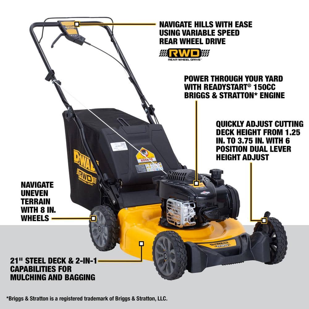DEWALT 21 in. 150cc Briggs and Stratton 625ex Engine Rear Wheel Drive 2-in-1 Gas Self Propelled Walk Behind Lawn Mower