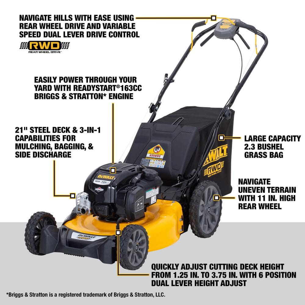 DEWALT 21 in. 163cc Briggs and Stratton 725Exi Engine Rear Wheel Drive 3-in-1 Gas Self Propelled Walk Behind Lawn Mower