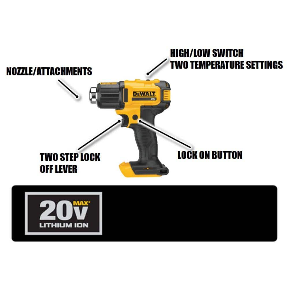 DEWALT 20V MAX Cordless Compact Heat Gun with Flat and Hook Nozzle Attachments