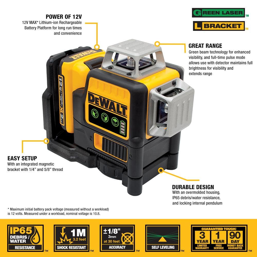 DEWALT 12V MAX Lithium-Ion 100 ft. Green Self-Leveling 3-Beam 360 Degree Laser Level with 2.0Ah Battery, Charger and Case