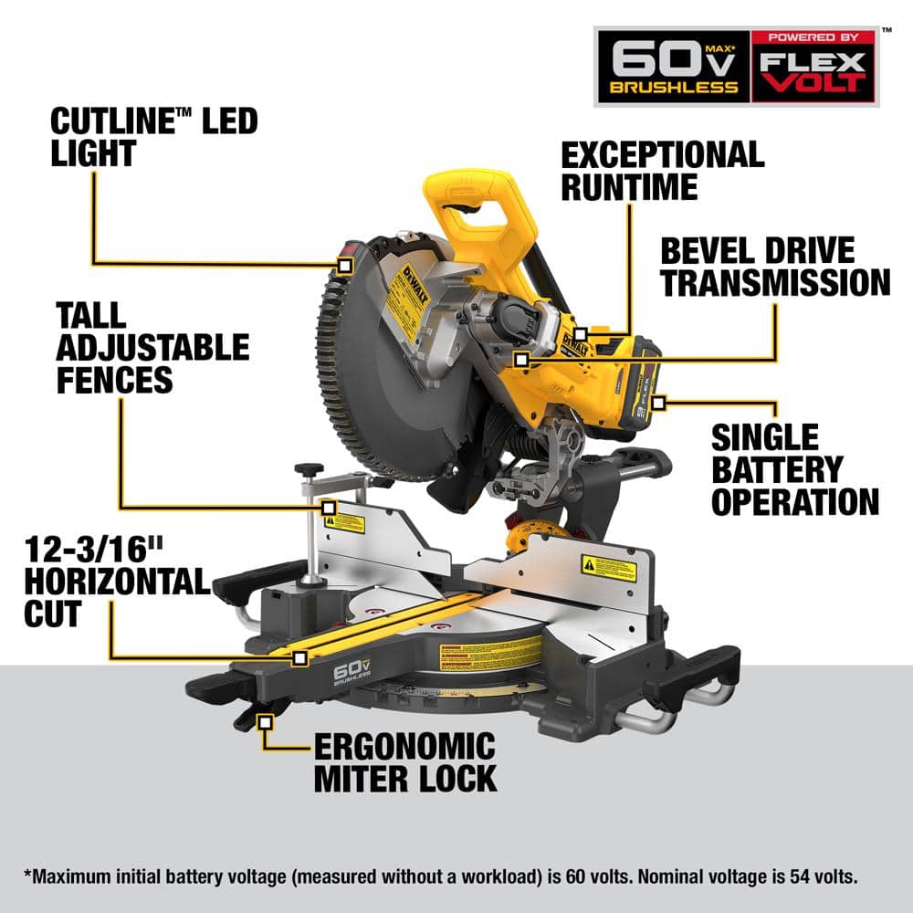 DEWALT Flexvolt 60V 12" Cordless Sliding Miter Saw Kit with Battery and Charger