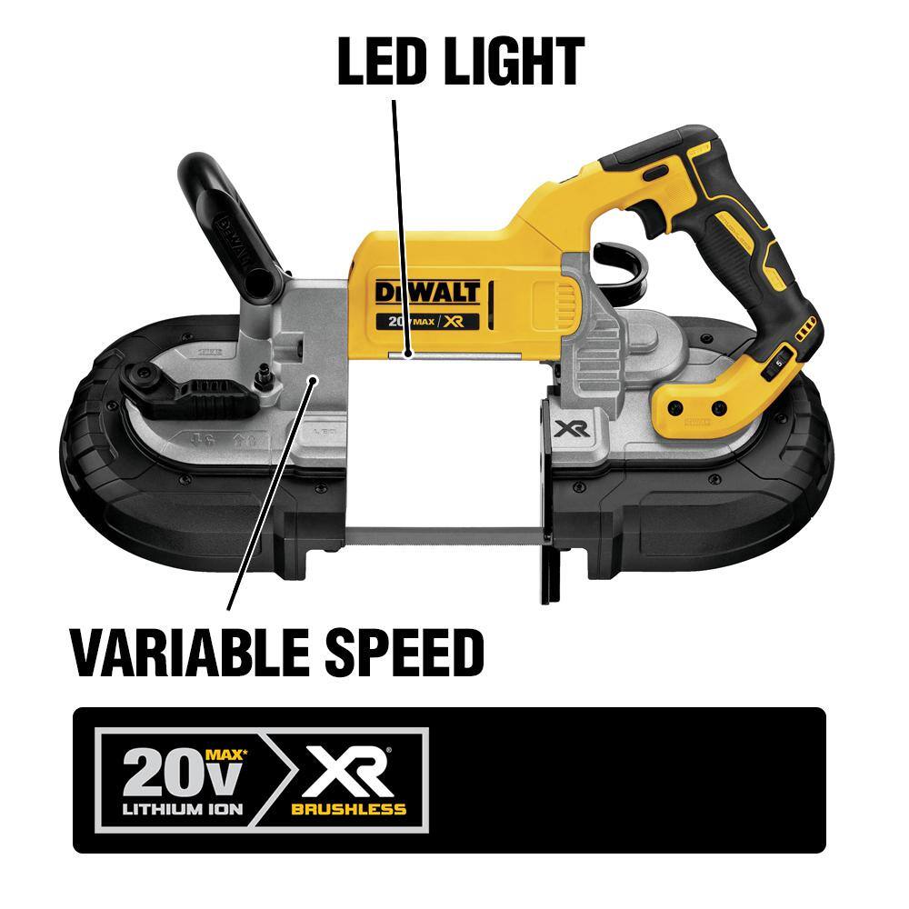 DEWALT 20V MAX Li-Ion Cordless Band Saw (Tool-Only) + 4-1/2 in. Grinder (Tool-Only) with 5Ah Battery, Charger and Kit Bag