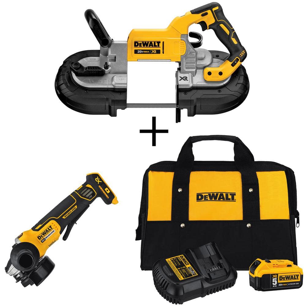 DEWALT 20V MAX Li-Ion Cordless Band Saw (Tool-Only) + 4-1/2 in. Grinder (Tool-Only) with 5Ah Battery, Charger and Kit Bag
