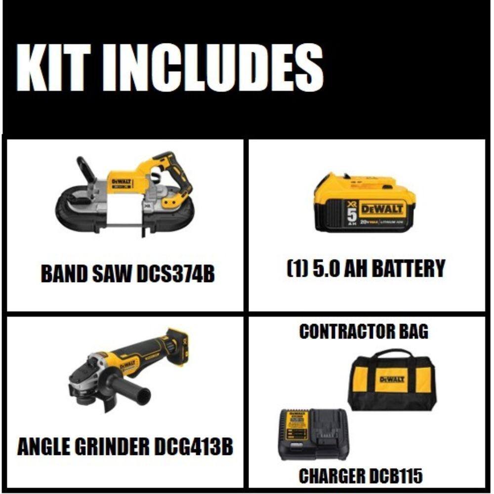 DEWALT 20V MAX Li-Ion Cordless Band Saw (Tool-Only) + 4-1/2 in. Grinder (Tool-Only) with 5Ah Battery, Charger and Kit Bag
