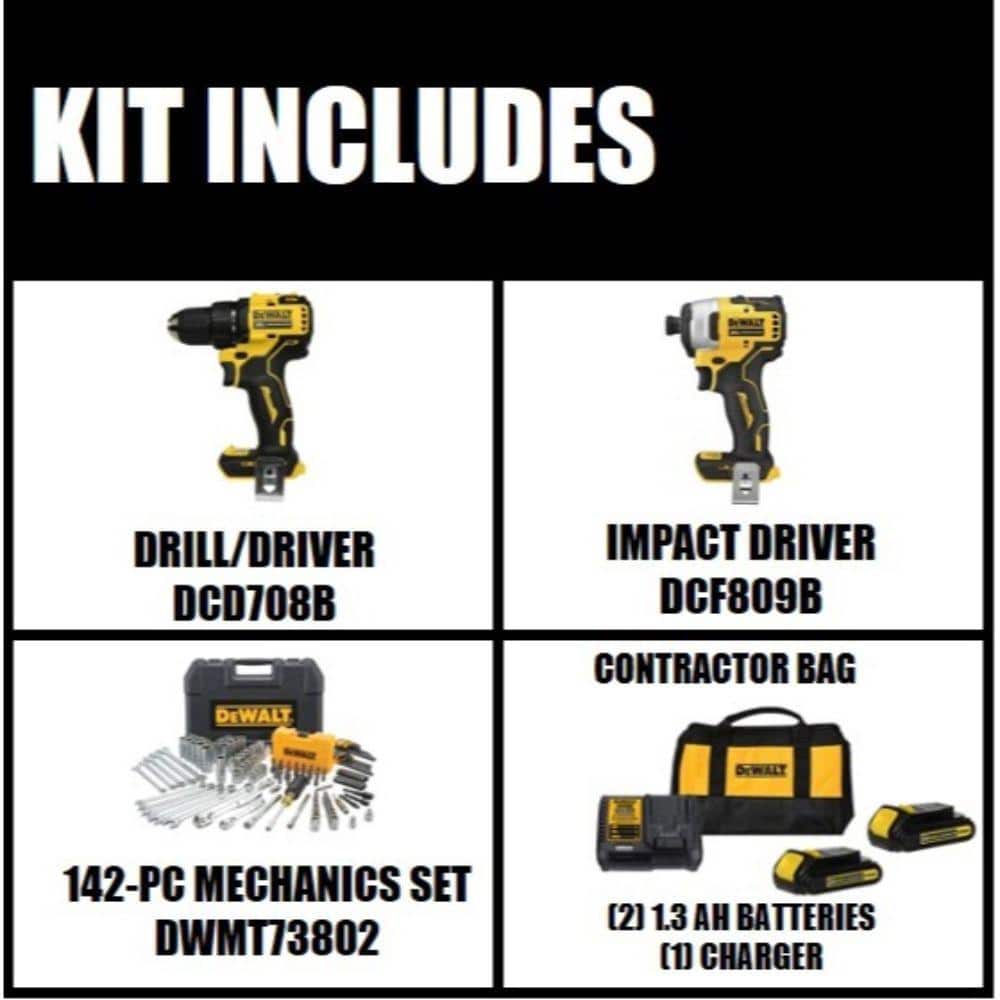 DEWALT ATOMIC 20V MAX Cordless Brushless Compact Drill/Impact Combo Kit (2-Tool) with 142-Piece Mechanics Tool Set