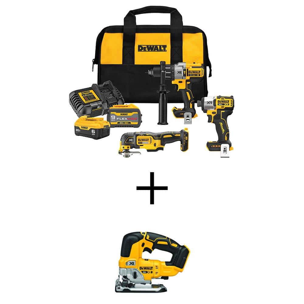 DEWALT 20V Lithium-Ion Cordless 3-Tool Combo Kit and Brushless Jigsaw with Flexvolt 9 Ah and 20-Volt 6 Ah Batteries and Charger