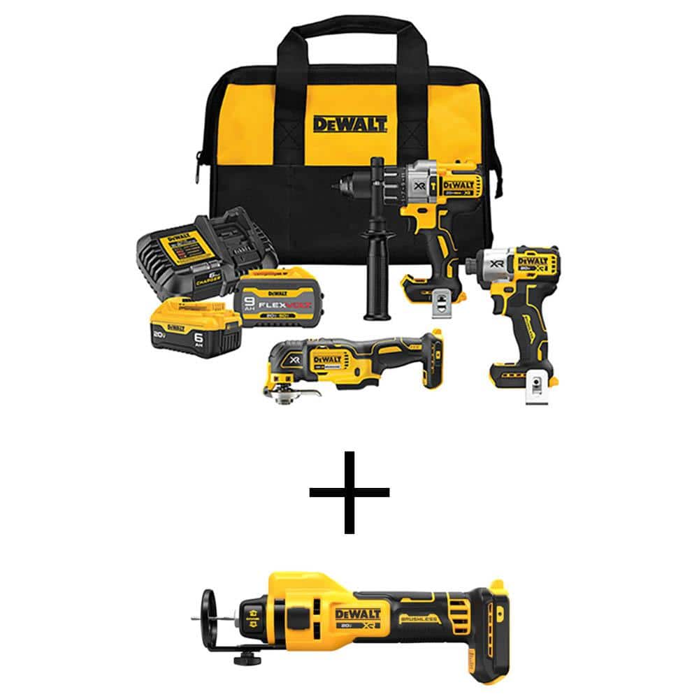 DEWALT 20V Lithium-Ion Cordless 3-Tool Combo Kit and Drywall Cut-Out Tool with FLEXVOLT 9 Ah and 20V 6 Ah Batteries and Charger