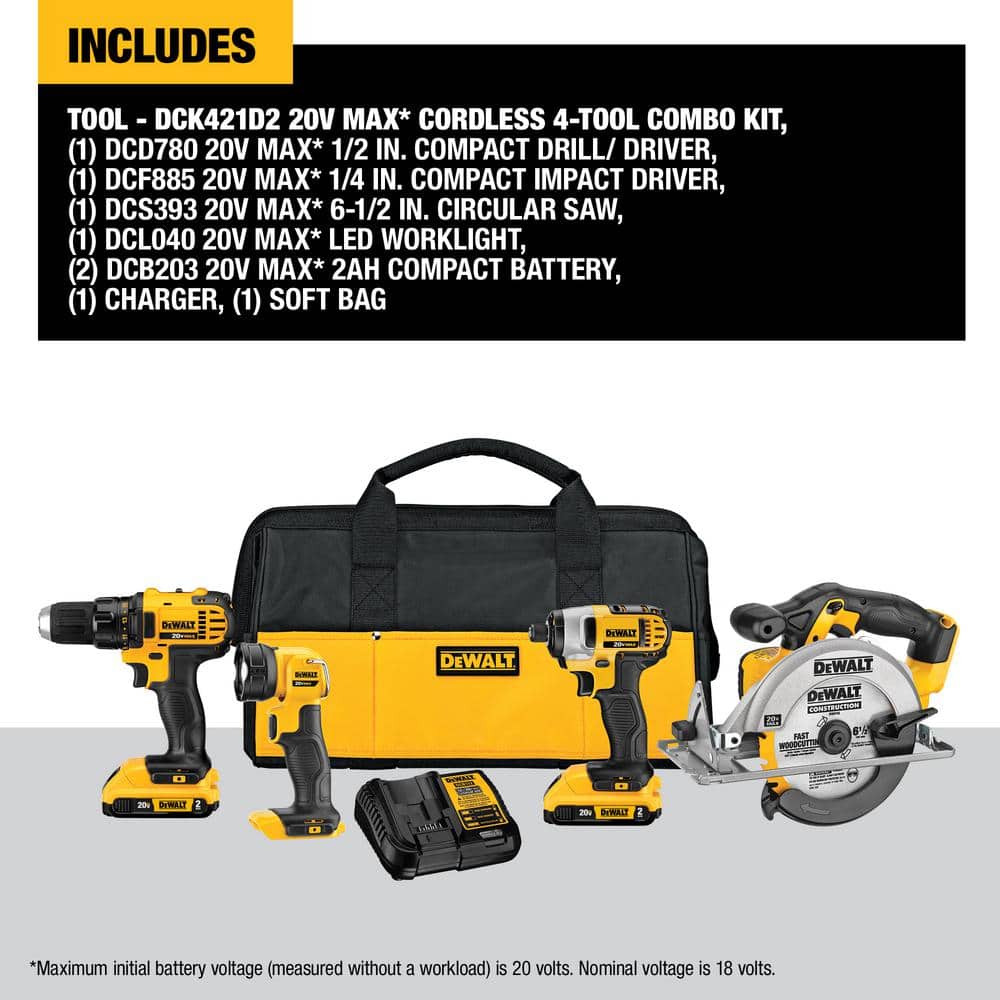 DEWALT 20-Volt MAX Lithium-Ion Cordless 4-Tool Combo Kit with (2) 2.0Ah Batteries, Charger and Tool Bag